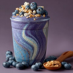 Blueberry smoothie in reusable cup topped with granola and blueberries, showcasing vibrant colors and textures, perfect for healthy lifestyle and eco-friendly choices