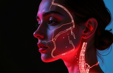 woman profile bathed soft focus light skin subtly illuminated intricate network glowing neon circuitry