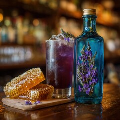 Lavender honey iced tea served in a tall glass with ice, accompanied by honeycomb on a wooden board, creating a refreshing and aromatic beverage experience