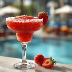 Frozen strawberry daiquiri in a glass with a sugar rim, garnished with fresh strawberries, set against a blurred poolside background, evoking a refreshing summer vibe