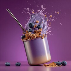 Frozen blueberry yogurt smoothie with splashes, topped with granola and fresh blueberries, served in a stylish cup, showcasing vibrant colors and refreshing texture