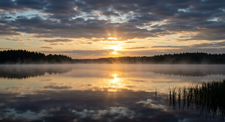serene lake at dawn, with the first rays of sunlight breaking through the clouds, reflecting on the still water