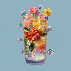 Abstract drink featuring vibrant edible flowers and ice cubes, creating a refreshing summer beverage concept with colorful floral elements and a dreamy aesthetic