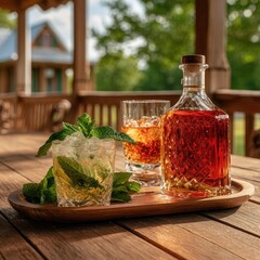 Mint julep mocktail with crushed ice dome served on wooden tray alongside whiskey glass and fresh mint leaves, creating a refreshing summer beverage experience