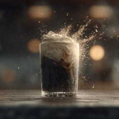 Nitro cold brew coffee in clear glass, showcasing cascading effect of cream blending with dark liquid, creating a visually stunning beverage experience