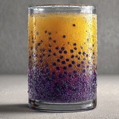 Passionfruit iced tea with tapioca pearls served in a clear glass, showcasing vibrant colors and bubbles, creating a refreshing and inviting beverage experience