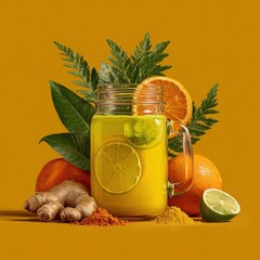 Pineapple turmeric tonic in mason jar surrounded by fresh oranges, ginger root, and vibrant green leaves, showcasing a refreshing beverage with bright colors and natural ingredients