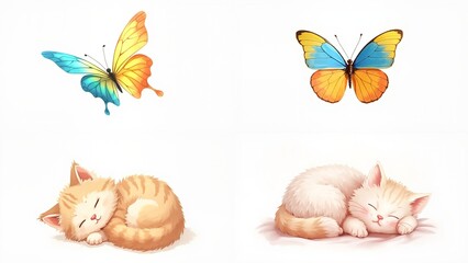 Four illustrations of kittens and butterflies background scene figure colorful layers motion composition expression frame illustration style movement depth backgrounds gesture elements