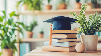 Graduation success: cap atop book stack with plants, celebrating academic achievement and scholarly pursuits
