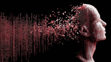Conceptual Representation of a Brain Dissolving Into Code Particles, Reflecting the Fusion of Human Thought and Technology