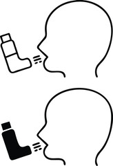Bronchial Asthma Icons. Black and White Vector Illustrations. Man Spraying Medicine Into Airways. Respiratory Diseases, Treatment. Concept Lung Disease
