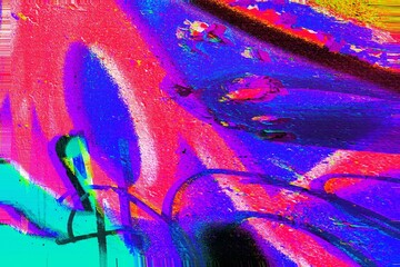 Abstract glitch art in neon pink, blue, orange with retro 2000s aesthetic. Distorted pixelated...
