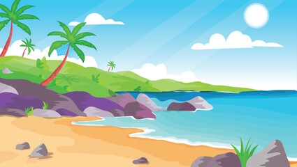 Tropical Beach Landscape Vector Illustration with Palm Trees, Rocks, and Turquoise Ocean. eps