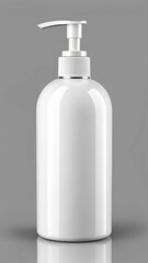 Clean white plastic pump bottle dispenser on a gray background