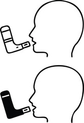 Bronchial Asthma Icons. Black and White Vector Illustrations. Man Spraying Medicine Into Airways. Respiratory Diseases, Treatment. Concept Lung Disease
