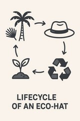 Infographic showing the eco-hat lifecycle from palm fibers to compost, emphasizing sustainability and recycling.

