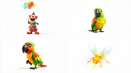Obraz premium A group of colorful parrots with balloons background expression layers movement figure cartoonish backgrounds style scene depth emotion frame gesture motion creative elements design
