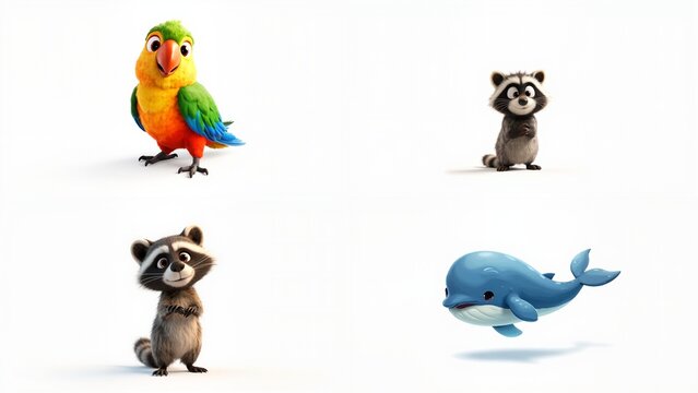 Four different kinds of animals on a white background creative motion scene elements gesture movement backgrounds depth colorful frame layers figure emotion cartoonish design expression