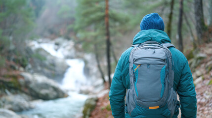 Exploring Nature: A Hiker in a Blue Jacket and Backpack Stands by a Scenic River Surrounded by Lush Trees and Breathtaking Mountain Views