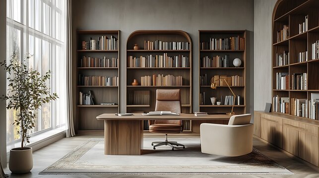 Elegant home office with large windows built in bookshelves and a modern desk setup