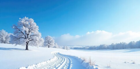 Obraz premium A serene winter landscape under a brilliant blue sky Snow-covered fields stretch to the horizon, trees stand stark against the vibrant blue, a picturesque scene of peaceful cold , season, cold