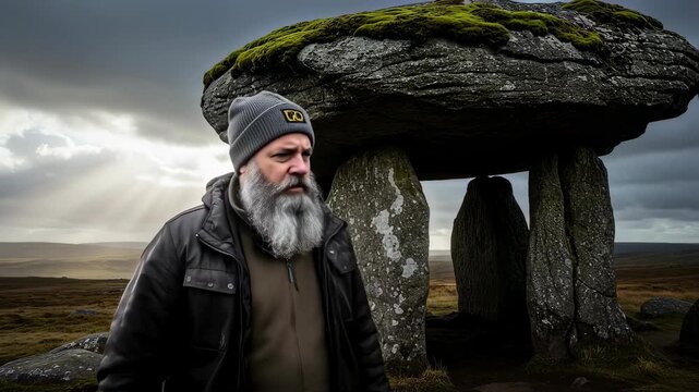 A man standing near an ancient stone dolmen structure with moss on top under a dramatic sky with sun rays for history footage.