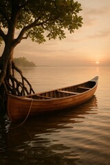Wooden canoe tied near a tree at sunrise, floating gently on calm water with golden morning light.

