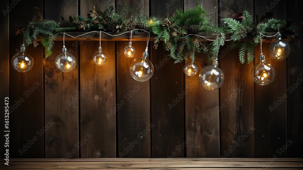 Poster decorative string lights with warm glow are elegantly draped over wooden background adorned with gre