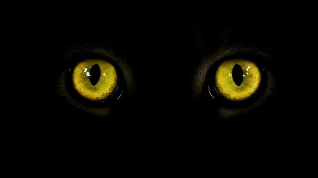 Bright yellow glowing animal eyes in darkness. Predatory gaze of a beast at night. Scary Halloween creature concept. Cinematic footage.