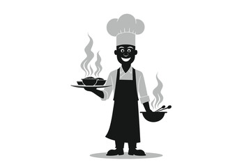 Chef holding a tray with steaming bowls and a bowl with chopsticks in a black and white illustration