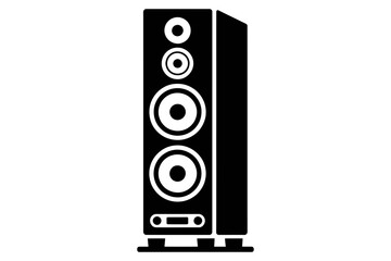 Illustration of a tall black speaker with multiple drivers and a rectangular base on a white background