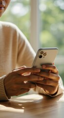 Woman's Hands Using Modern Smartphone, Casual Beige Sweater, Warm Sunlight, Close-Up