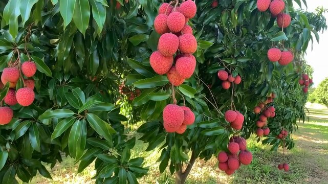 Cluster of Ripe Lychee Fruits Hanging from Lush Green Tree in Sunlight