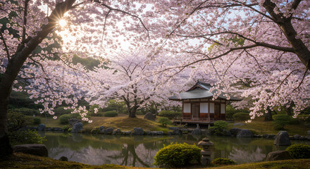 Serene Japanese Garden Pavilion at Sunrise Cherry Blossoms in Full Bloom