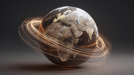 Golden and brown globe with illuminated continents and swirling light trails representing global connection and travel in modern digital style