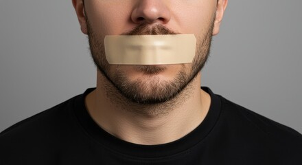 Close-up of a man's mouth taped shut, serious expression, gray background, censorship concept.