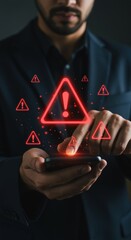 Serious businessman using smartphone; red alert warning signs; urgent notification concept; dark moody background.