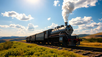 Classic Steam Train on a Sunny Day in the Countryside