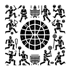 Illustration showing people playing different sports around a circular grid pattern in black and white style