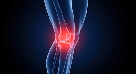 Human Knee Joint Pain: 3D Medical Illustration, Anatomy, Dark Blue Background, Red Highlight, Severe Inflammation, Healthcare Concept.