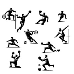 Illustrations of handball players in various poses with balls and a tennis racket in black and white