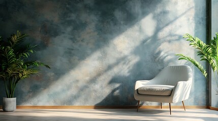 Sunlight streams across a textured wall illuminating a comfortable armchair in a serene room