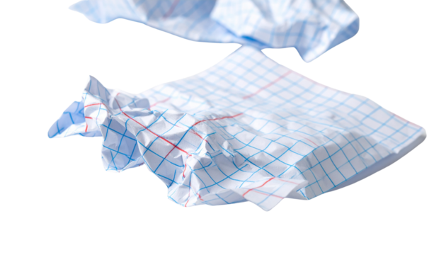 Crumpled paper lies on surface showcasing blue grid pattern with red accents creating visually appealing texture white background - Powered by Adobe