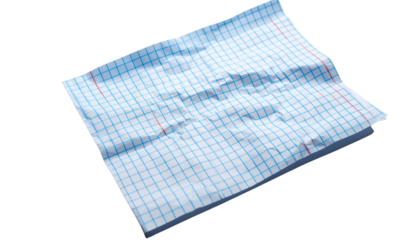  Crumpled paper lies on surface showcasing blue grid pattern with red accents creating visually appealing texture white background