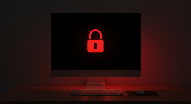 Cybersecurity alert: Red glowing padlock on dark desktop computer screen, keyboard, and mouse.