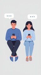 Young Couple Sitting Floor Texting Smartphones Modern Flat Design Illustration