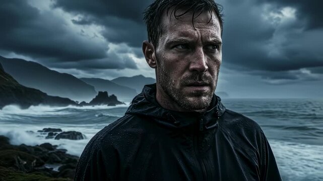 A wet man with determination standing on a stormy coastline with crashing waves. Challenging journey and brave survivor concept footage.