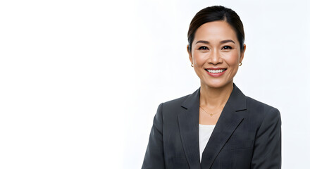Smiling Asian Woman in Dark Gray Suit Jacket with Gold Necklace