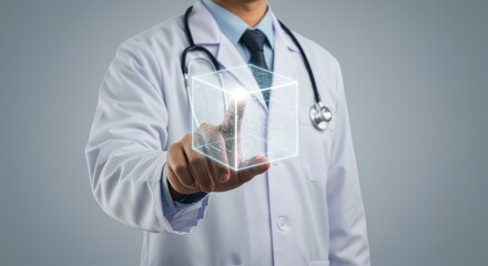 Doctor in lab coat interacts with futuristic glowing 3D medical data cube.