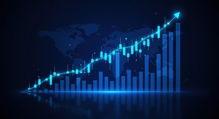 Global Financial Growth:  Upward Trending Bar and Candlestick Chart, Blue Tone, Futuristic Style